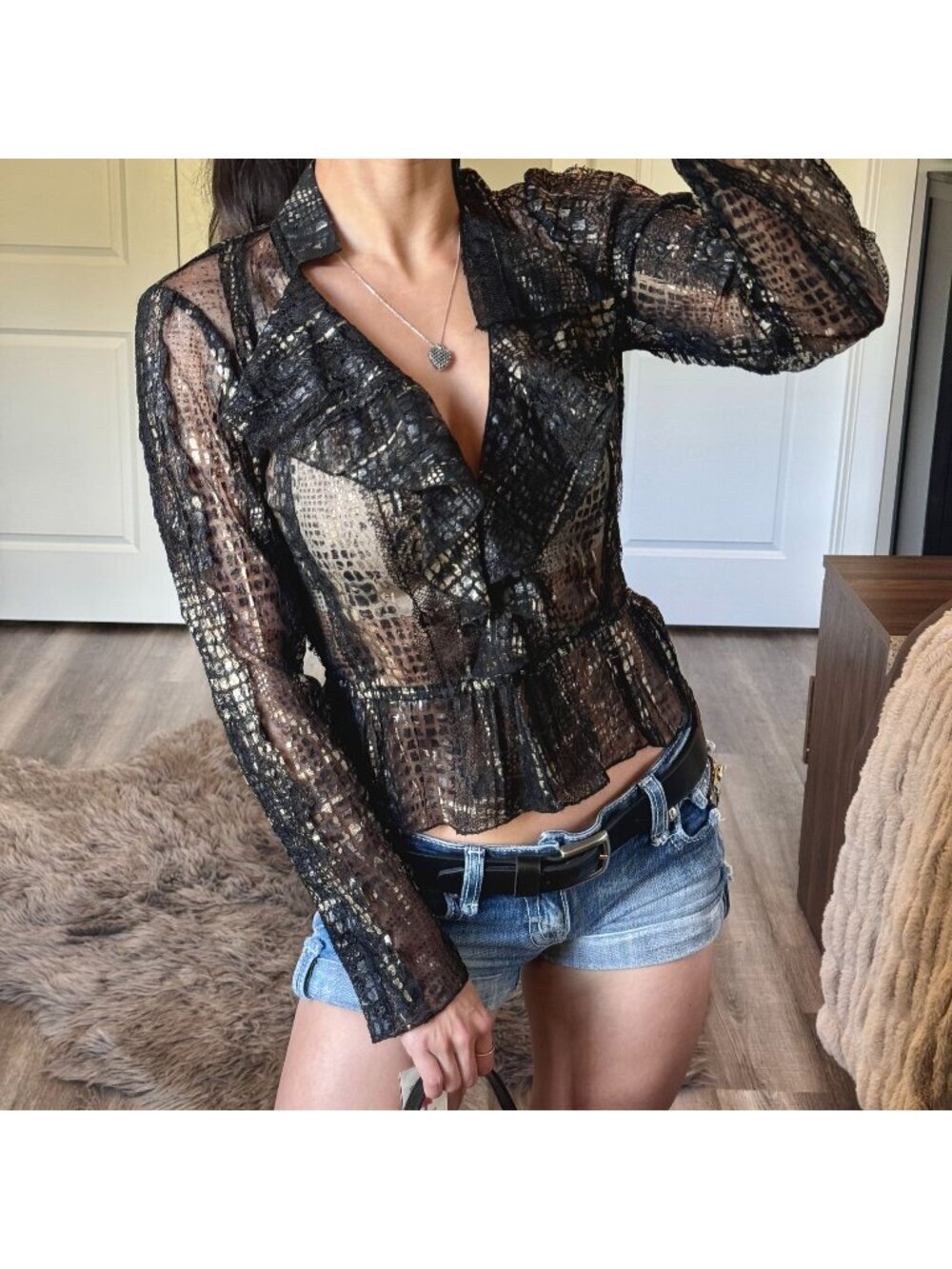 NWT Vintage Frank Lyman Sheer Ruffle Blouse Womens 6 Whimsigoth Metallic Black